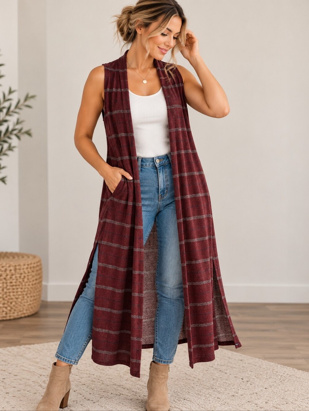 LuLaRoe Joy Long Duster Vest Burgundy Striped Open Front Women's S